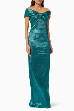 Buy Teri Jon Green Off Shoulder Gown in Jacquard For Women Online | Ounass  Oman