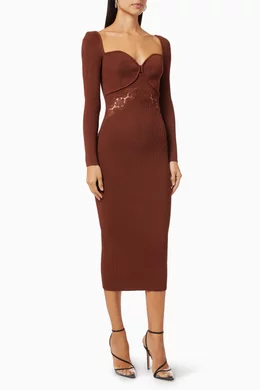 Buy Self-Portrait Brown Lace Appliqu Dress in Knit For Women Online |  Ounass Oman
