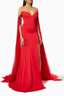Buy Jovani Red Crystal Embellished Cape Gown in Crepe For Women