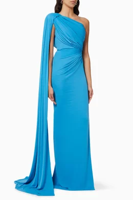 rhea costa one shoulder dress Rhea Costa one-shoulder Gown | Blue