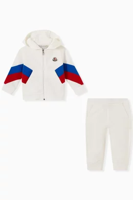 Buy Moncler Enfant White Stripe Logo Tracksuit Set in Cotton For Baby Boys Online Ounass Oman
