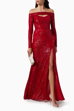 Buy Nicole Bakti Red Off-shoulder Gown in Sequin-embellished Crepe For  Women Online | Ounass Oman