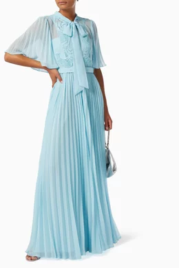 self portrait blue chiffon maxi dress Self-Portrait Pansy Floral Blue Sweetheart Neck Pleated Chiffon Maxi D
