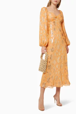 Buy RIXO Orange Gio Midi Dress in Metallic Silk For Women Online | Ounass  Oman