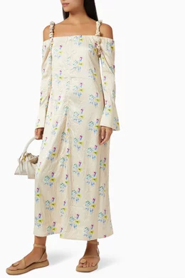 ganni off shoulder dress Ganni Crinkled Satin Off Shoulder Maxi Dress - Floral Rutabaga