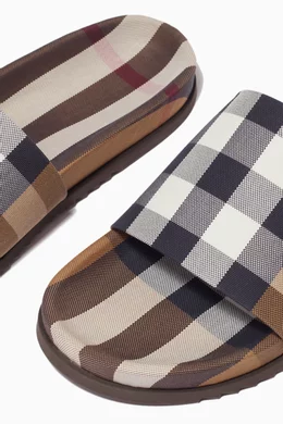 Buy Burberry Brown Check Slide Sandals in Cotton & Leather  display picture 1