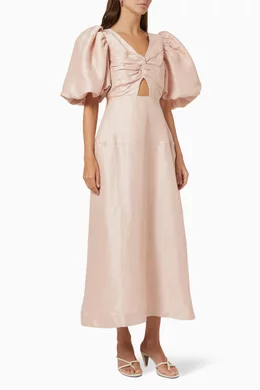 aje dusk knot puff sleeve midi dress AJE Dusk Pink Knot Front Puff Sleeve Silk Dress  House Of Huntington