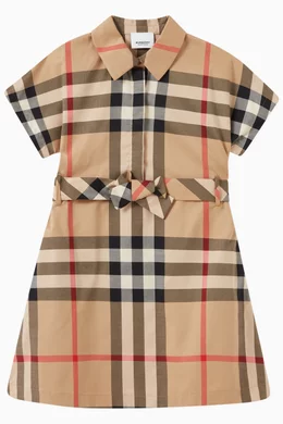 Buy Burberry Neutral Check Shirt Dress in Stretch Cotton For Girls