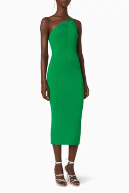self portrait green one shoulder dress Self-Portrait One-Shoulder Knitted Midi Dress - Bright Green