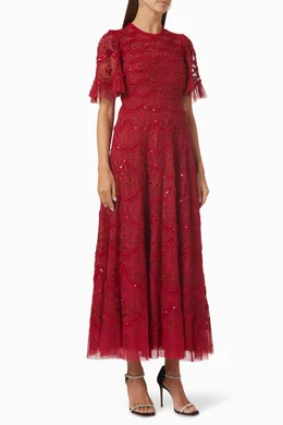 needle and thread red sequin dress Scallop Sequin Round Neck Ankle Gown