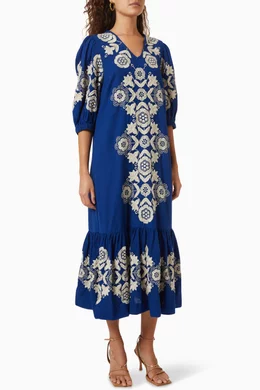 green emerald velvet dress Sea New York Frances Print SS Midi Dress in Blue – shopatanna main image 1