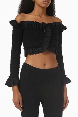 Buy Alexander Wang Black Ruffled Crop Top in Smocked Jersey For
