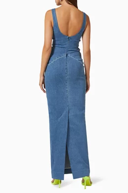 white christmas dresses Women’s Layers Denim Maxi Dress with Tiered Silhouette – Wash Lab Deep Blue / L