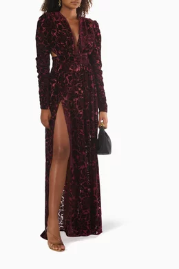 knee length dresses for ladies Noraya Silk-Satin Devoré Midi Dress in Bouquet Devoré Brown