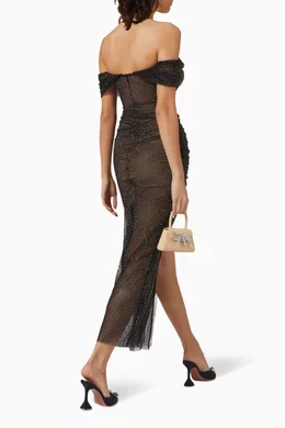 diamante fishnet off shoulder midi dress Self Portrait Diamant Fishnet Off Shoulder Midi Dress