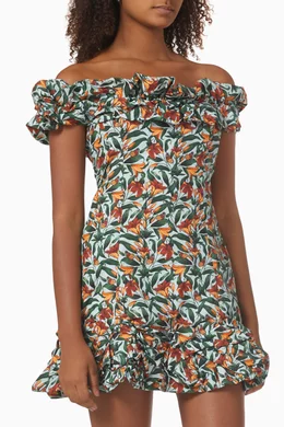 Buy Agua by Agua Bendita Blue Jardn Floral Off-shoulder Mini Dress in  Cotton Poplin For Women Online | Ounass Oman