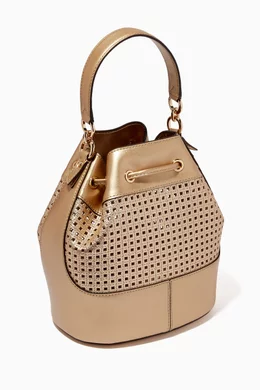 Buy Michael Kors Gold Devon Medium Bucket Bag in Leather For  display picture 2