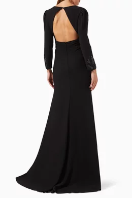 Buy Pronovias Black Embellished Plunge-neck Gown in Crepe For Women Online  | Ounass Oman