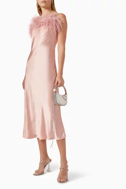 sleeper pink feather dress Sleeper Boheme Pink Satin Feather Trim Midi Slip Dress  House Of Huntington