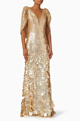 jenny packham gold sequin dress Phara Sequin Gown with Sculptural Shoulders main image 0