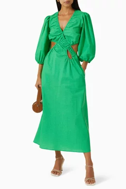 green emerald velvet dress SUBOO Nicky Asymmetric Sleeve Maxi Dress (Celery Green) – Savvy Brands main image 0