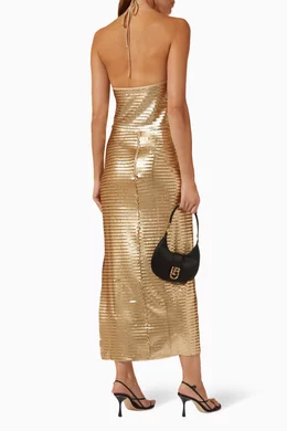 rose gold dress with black shoes Talisa Maxi Dress