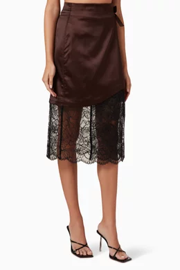 Buy Ganni Brown Lace-trimmed Midi Wrap Skirt in Recycled Satin For 