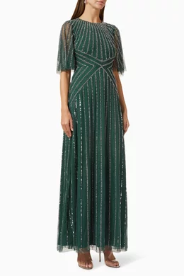 Buy Amelia Rose Green Bead-embellished Maxi Dress in Tulle For