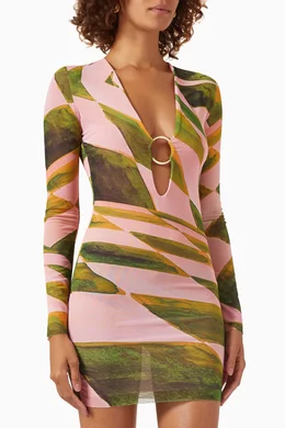 louisa ballou multicolour ring mesh dress Louisa Ballou + Blue & Yellow Heatwave Ruched Dress