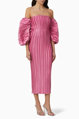 l'ide sirene off-shoulder puff-sleeve pleated midi column dress L'IDE Sirene Off-Shoulder Puff-Sleeve Pleated Midi Column Dress