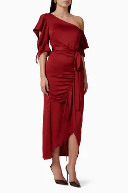 Buy Amri Red One-shoulder Belted Midi Dress For Women Online | Ounass Oman