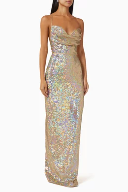 rasario gold dress Draped sequined mini dress with long sleeves 42 (FR) / Gold