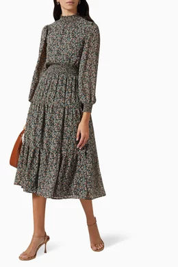 knee length dresses for ladies A-Line Flowy Long Sleeve Tie V Neck Pleated Midi Dress, Black / Xs
