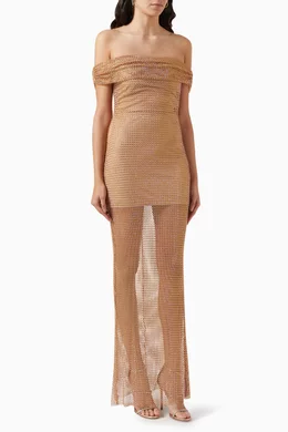 tan rhinestone off shoulder fishnet maxi dress Self Portrait Tan Rhinestone Off Shoulder Fishnet Maxi