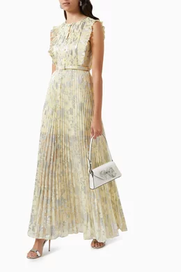 slim fit dress slacks Self-Portrait - Yellow Metallic Chiffon Maxi Dress