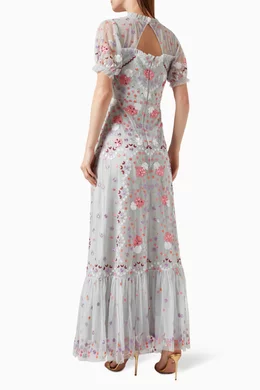 green emerald velvet dress Maya Navy Floral Embroidered Maxi Sleeve Maxi Dress with Frill & Sequi   Maya Deluxe