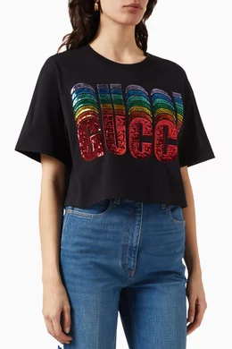 Buy Gucci Black Sequin embellished Logo Crop T shirt in Cotton jersey Online for Women Ounass Oman