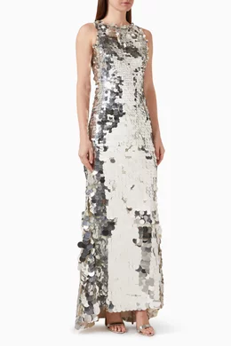 mac duggal silver sequin dress Silver Sequined One Shoulder Draped Back Gown