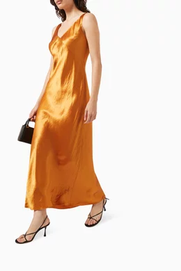 vince orange slip dress VINCE Burnt Orange Satin Midi A-Line Sleeveless Dress Size 8