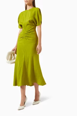 Buy Victoria Beckham Green Gathered Waist Midi Dress in Fluid Viscose  Melange For Women Online | Ounass Oman