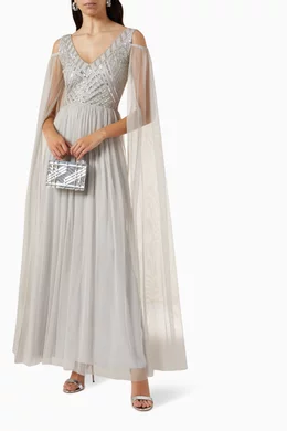 Buy Amelia Rose Grey Off-shoulder Cape Embellished Maxi Dress in