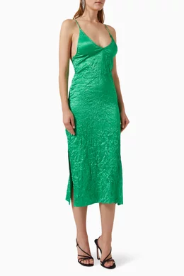 ganni green crinkle dress Green Crinkled Satin Midi Dress