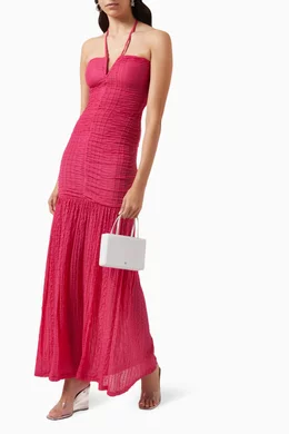 Buy Ganni Pink Halter Ruched Maxi Dress in Stretch-lace For Women Online |  Ounass Oman
