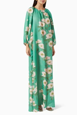 georgina linen maxi dress Bernadette Georgina Gathered Floral-Print Linen Maxi Dress