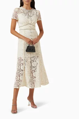 cream cord lace bow midi dress Buy Self-Portrait Neutral Cord Lace Bow Midi Dress For Women Online