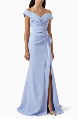 Buy Jovani Blue Off-shoulder Ruched Gown in Stretch-crepe For Women Online  | Ounass Oman