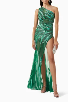 Buy Jovani Green One-shoulder Dress in Sequin-tulle For Women Online |  Ounass Oman