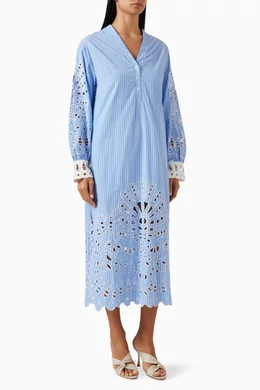 cassidy embroidered midi dress Organic Cotton 3/4 Sleeve Smocked High-Neck Midi Dress in Birds Of India | Women's XS