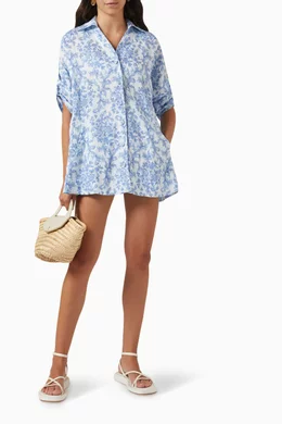 Buy Morton Mac Blue Lora Printed Mini Shirtdress in Linen For Women Online  | Ounass Oman