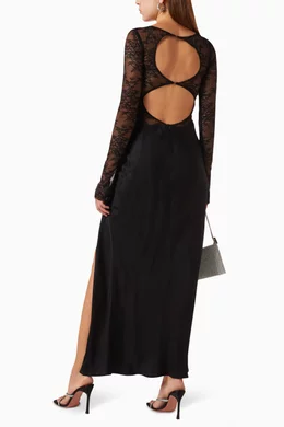 knee length dresses for ladies Idra Lace Applique Dress - Noir Yellow Silk Sleevless Maxi Dress